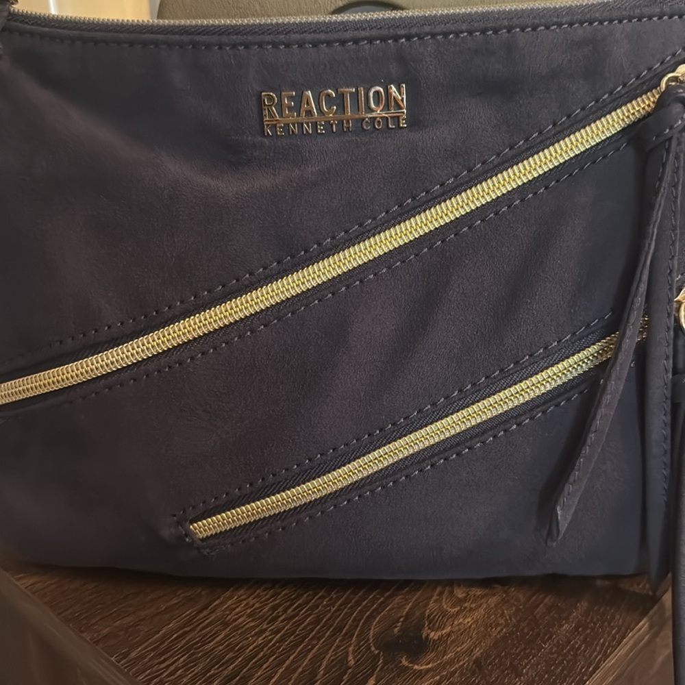 Kenneth Cole Reaction Blue Crossbody Bag with Diagonal Gold Zippers - Picture 2 of 5